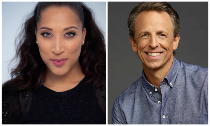 headshots of Northwestern alumni Robin Thede and Seth Meyers