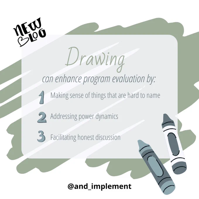 Text: drawing can enhance program evaluation by 1) making sense of things that are hard to name, 2) addressing power dynamics, 3) facilitating honest discussion