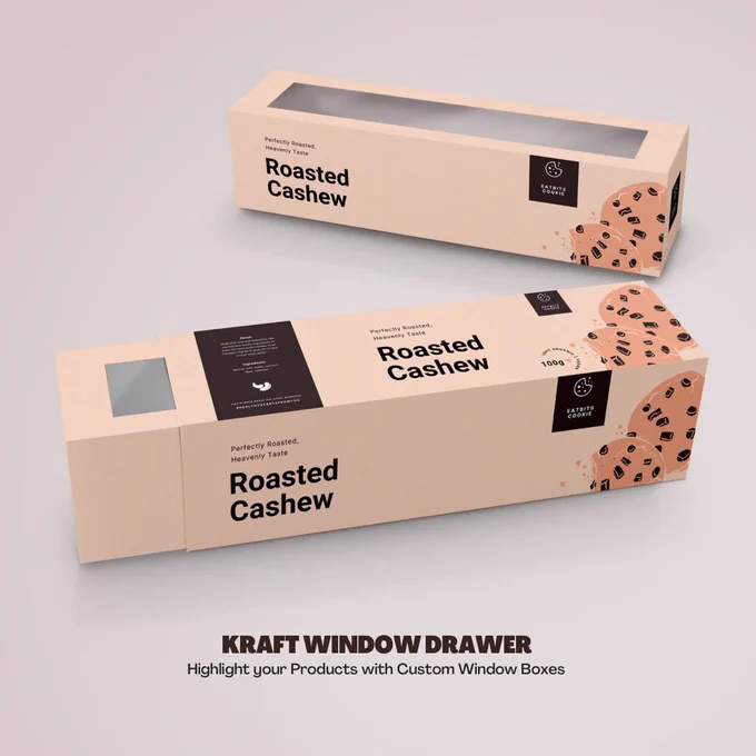 Custom Kraft window boxes with sliding drawer. Used mostly for Food Packaging, an ideal way to enhance your product value on the shelf
