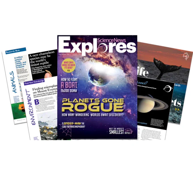 a photo of the cover of the first Science News Explores magazine issue. The cover has a blue and purple starscape and a planet hiding behind a galaxy. The cover story reads "Planets Gone Rogue." Other pages from the magazine fan out to either side of the cover.