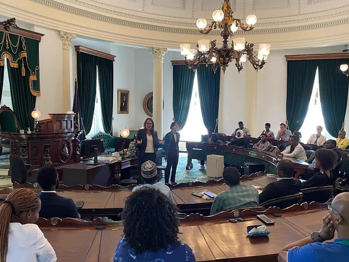 Representative Krowinski and Senator Balint question and answer session with the 2022 Young African Leaders in the Senate Chamber.