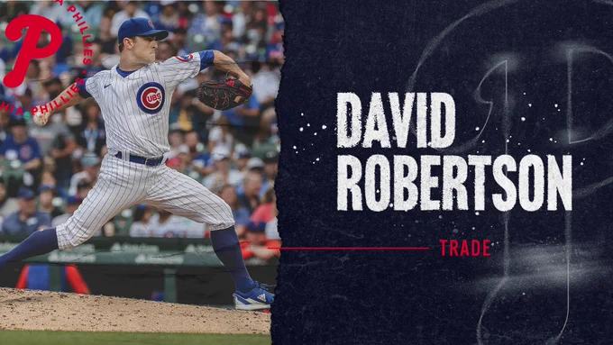 Trade graphic for David Robertson. Text reads “David Robertson. Trade.” To the left of the text is a photo of David Robertson throwing a pitch.