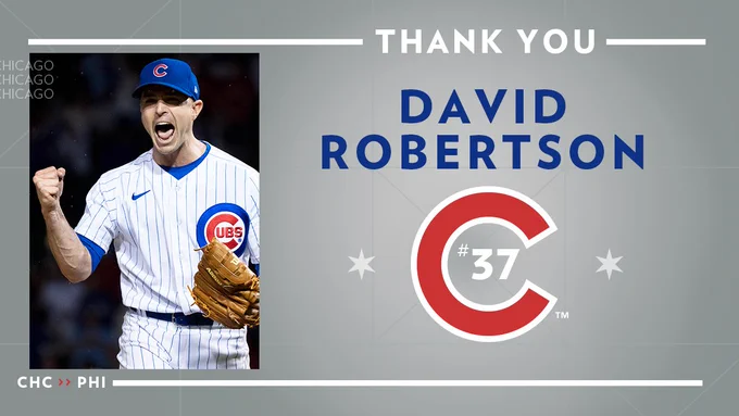 Thank you graphic for David Robertson. Pictured: Robertson fist pumps after locking down a save at Wrigley Field. (Photo: Matt Dirksen/Chicago Cubs)