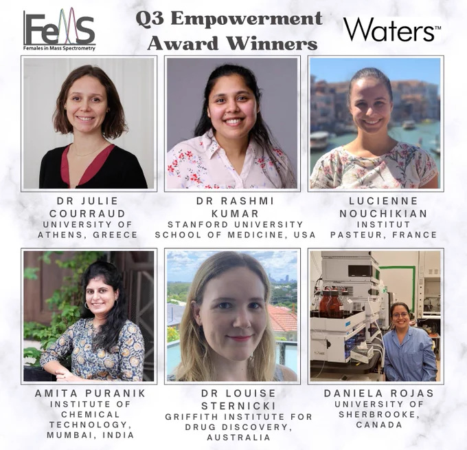 Congratulations to the 2022 Q3 Empowerment Awards recipients:

Julie Courraud, University of Athens, Greece
Rashmi Kumar, Stanford University School of Medicine, USA
Lucienne Nouchikian, Institut Pasteur, France
Amita Puranik, Institute of Chemical Technology, Mumbai, India
Daniela Rojas, University of Sherbrooke, Canada
Louise Sternicki, Griffith Institute for Drug Discovery, Griffith University, Australia
FeMS is grateful for the generous sponsorship from Waters.