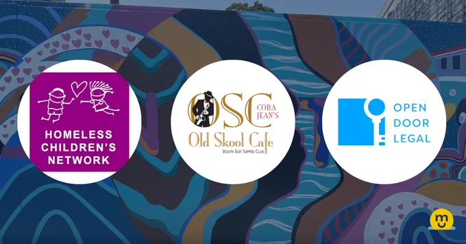 A mural in purples, blues, and browns superimposed with logos for Homeless Children's Network, Old Skool Cafe, and Open Door Legal. 