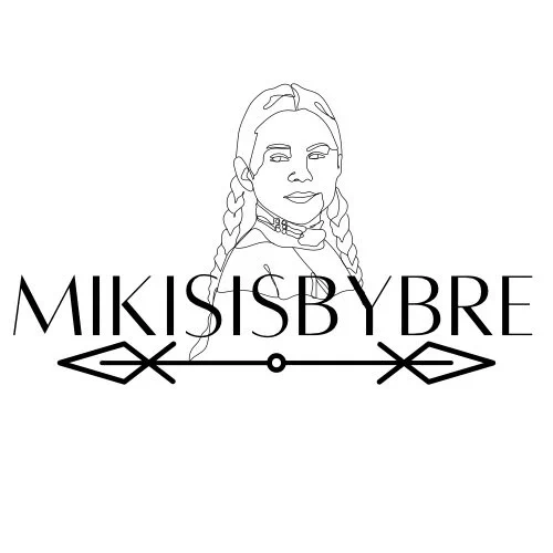 Image is a logo. The entire background is plain white, and in black text it says MIKISISBYBRE.
Underlining the business name is a dual parallel with the text. 
Above the text is a sketch outline of a native woman with braids, staring to the side, and wearing a traditional bone necklace with 4 layers.