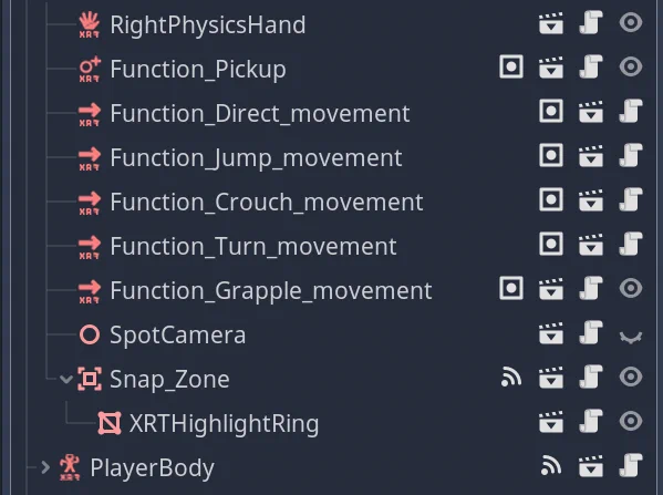 A snippet of a godot game engine node hierarchy with several XR toolkit types using newly created icons 