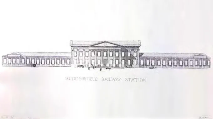 A black and white artists drawing from 1847 of the front of Huddersfield Station.