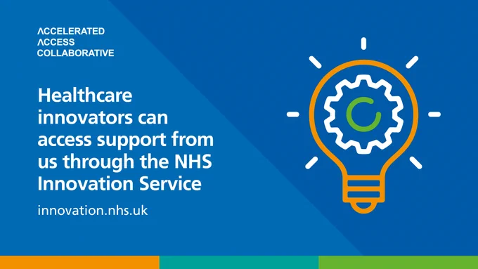 Text: Healthcare innovators can access support from us through the NHS Innovation Service. innovation.nhs.uk