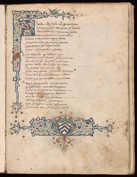 Yale Beinecke MS 328, folio 1r, the first page of a manuscript preserving a treatise titled "La Sfera" by Goro Dati, with text, illustrations, and diagrams. This manuscript, on paper, is illuminated and dates back to the 15th century. Source: https://collections.library.yale.edu/catalog/10269808