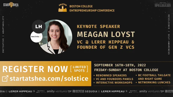Solstice Conference poster featuring keynote speaker Meagan Loyst.

Register now and get all the details at startatshea.com/solstice