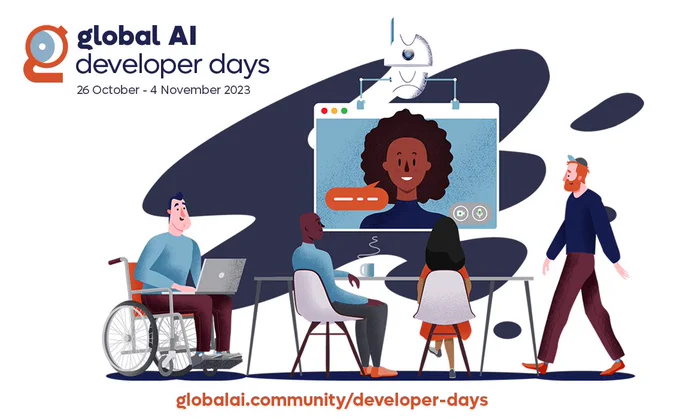 Banner image of the global ai developer days showing the date 26 October to 4 November and having an illustration with a group of divers  people watching a presentation on a screen held up by a robot
.