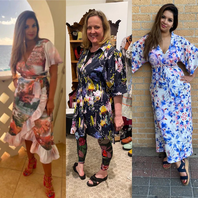 3 images with Prima Dona Studios dresses 
Left is Dona in a silk ruffled wrapdress with short flutter sleeves w/ a dreamy seascape print.

Middle is Tanya wearing an A-line trapeze dress with short sleeves and a dark graffiti print

Right is Dona in a maxi dress, short sleeves & paint splatter print