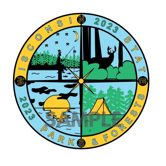 2023 parks admission sticker featuring imagery of a deer, angler, lake at sunset and tent