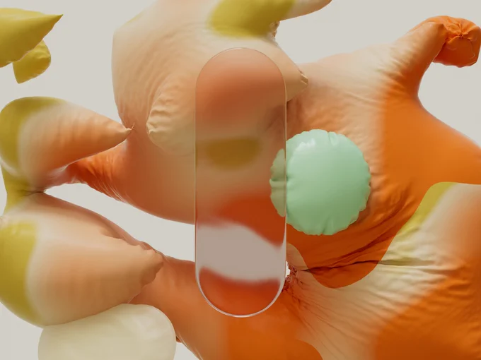Artistic interpretation of Material Design components as three-dimensional pillowy shapes in warm and cool tones
