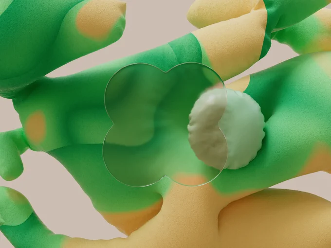 Artistic interpretation of Material Design components as three-dimensional pillowy shapes in warm and cool tones