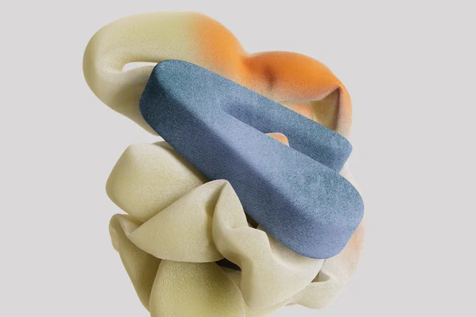 Artistic interpretation of Material Design components as three-dimensional pillowy shapes in warm and cool tones