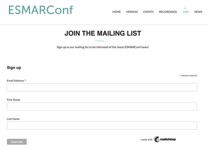 Screenshot of the ESMARConf website showing the mailing list sign up.