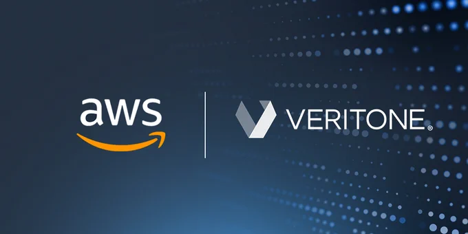 Amazon AWS and Veritone logos on blue background