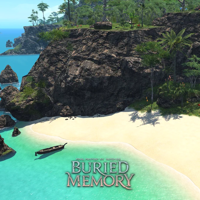 A secluded beach area from FINAL FANTASY 14's Island Sanctuary surrounded by cliffs and tropical foliage.