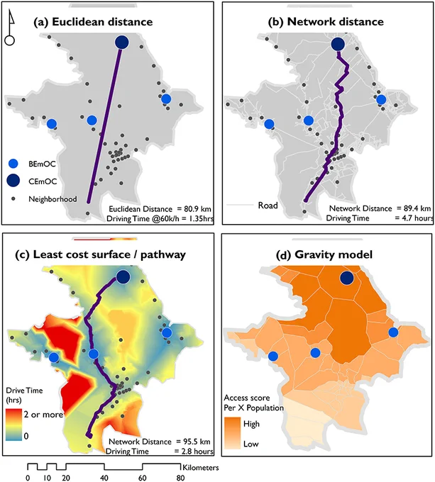 An illustration of common approaches used to compute geographic access to health service providers in LMICs including (A), Euclidean distance, (B) network distance, (C) least cost path distance, and (D) gravity models.