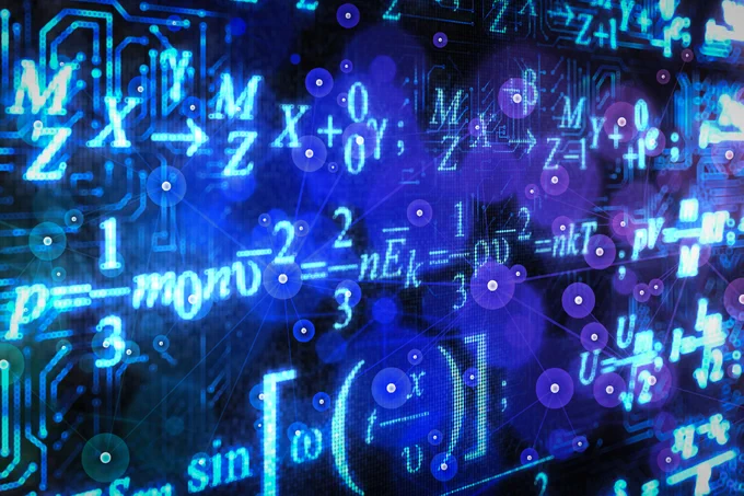  Mathematic equations on a digital screen. 