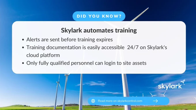 Automate operational team training, and ensure access for certified only workers on renewable sites. With automated training compliance within the Skylark software, higher standards of safety and reduced risk levels can be achieved.
