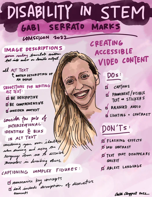 Image of Dr. Gabi Serrato Marks with information about how to improve science community for those with disabilities. This includes writing alt text, considering intersectional identity, and including captions, better audio, and visuals in videos.