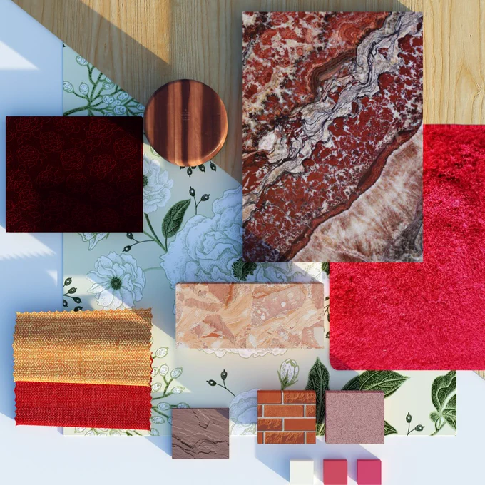 
The palette encompasses a bohemian vibe with a dominant bright red colour neutralised by cream resembling a rose. The natural water grain of the marble adds a natural factor. The dark magenta rose print in the fabric adds a classy touch. The overall pink-red theme makes the palette aesthetic and is best suited for eclectic themes in living rooms and bedrooms.
On material depot, find more than 2.5 lakh materials and textures to choose from. Sign up now.
materialdepot.in

#materialdepot #architecture #interiordesign #architecturedesign #inspiration #work #bestoftheday #motivation #materialpalette #archdaily #palette #indianarchitects #architecturaldesign #architectsofindia #archinspiration #indianarchitects #buildingmaterial #lifeofanarchitect #moodboards #materialpalette #materialboard #architectsofinstagram #designersofinstagram #designersoginsta #architectsofinsta #architectsofinstagram #flowers #plants #rose
