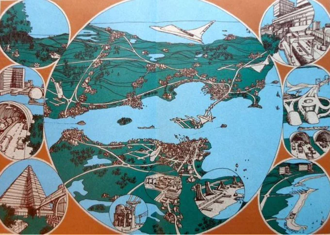 The imagined Oresund region as illustrated in the book 'Öresundsregionen år 2000' [The Oresund region in the year 2000], edited by the Oresund Council (1969). Bengt Böckman ® Image used by kind permission of Heddi Böckman.