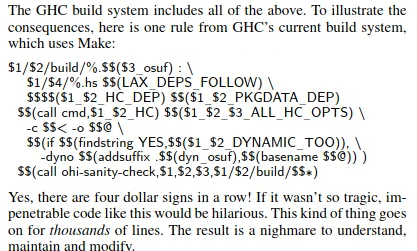 The GHC build system includes all of the above. To illustrate the
consequences, here is one rule from GHC’s current build system,
which uses Make:
$1/$2/build/%.$$($3_osuf) : \
$1/$4/%.hs $$(LAX_DEPS_FOLLOW) \
$$$$($1_$2_HC_DEP) $$($1_$2_PKGDATA_DEP)
$$(call cmd,$1_$2_HC) $$($1_$2_$3_ALL_HC_OPTS) \
-c $$< -o $$@ \
$$(if $$(findstring YES,$$($1_$2_DYNAMIC_TOO)), \
-dyno $$(addsuffix .$$(dyn_osuf),$$(basename $$@)) )
$$(call ohi-sanity-check,$1,$2,$3,$1/$2/build/$$∗)
Yes, there are four dollar signs in a row! If it wasn’t so tragic, im-
penetrable code like this would be hilarious. This kind of thing goes
on for thousands of lines. The result is a nighmare to understand,
maintain and modify.