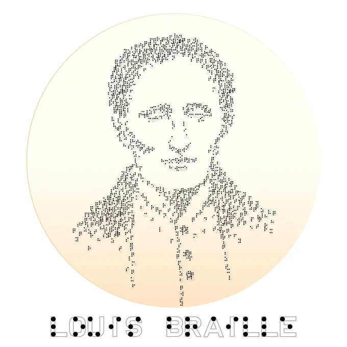 A photo portrait of Louis Braille composed of Braille letters.  His name "Louis Braille" appears at the bottom.