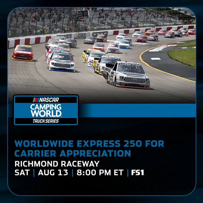 NASCAR Camping World Truck Series Worldwide Express 250 for Carrier Appreciation at Richmond Raceway - SAT, August 13 at 8 PM ET on FS1 - Pick the winner of the race for a chance to win Blue-Emu. Blue-Emu is an official partner of NASCAR, and is made in the USA. Try it today! blue-emu.com #giveaway #race #saturday #weekend #raceday #racing #nascar #trucks #ncwts #campingworldtruckseries #richmond #raceway #virginia #rr #iloveracing #blueemu #tryit #youllsee #relief #madeintheUSA #health #wellness #bluecrew #letsgo #fs1 #mrn #win #winning #checkers #victory #victorylane #worldwideexpress250 #blueemu2therescue #spreadreliefnotgrief 