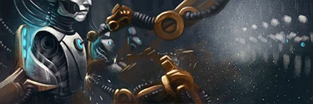 on the left, a sleek robot with many cables attached to it and several robotic arms working on it, welding seams, etc.; on the right, a long line of identical robotic bodies
