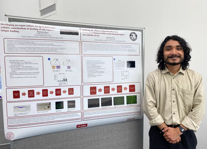 Migueljose smiling in a suit next to his dual-poster titled "Developing an Organ Culture Setup to Determine Cellular Contributions to Healing of Sub-rupture Fatigue Loading" and "Studying the Effects of Disturbed Flow in a Geometric Enhanced Differential Immunocapture Microfluidic Device"