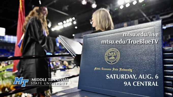 A stack of MTSU diploma covers awaits graduates as they cross the stage inside Murphy Center during commencement ceremonies in this file photo, which also includes the horizontal MT logo and text reading “SATURDAY, AUG. 6, 9A CENTRAL" and "MTSU.EDU/LIVE" & "MTSU.EDU/TRUEBLUETV."  Students will return to Murphy Center Saturday, Aug. 6, for the university's summer 2022 commencement ceremony. (MTSU file photo by J. Intintoli)