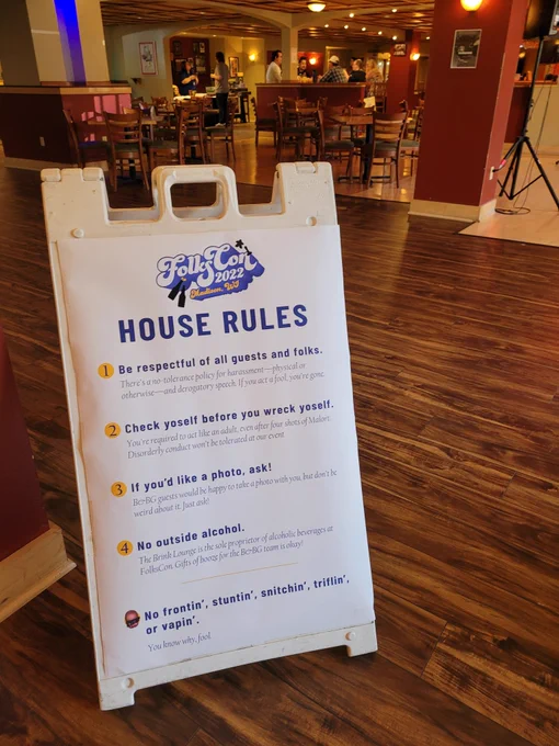 Photo of the FolksCon house rules at the Brink Lounge
