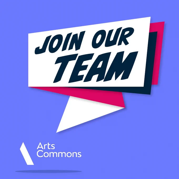 Atop a purple background is a banner that reads "Join Our Team" in bold letters. The Arts Commons logo appears in white in the lower left corner. 