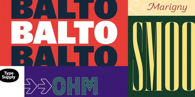 A graphic that shows different font styles, each in separate boxes and writing different words. In the corner, it says, "Type Supply."