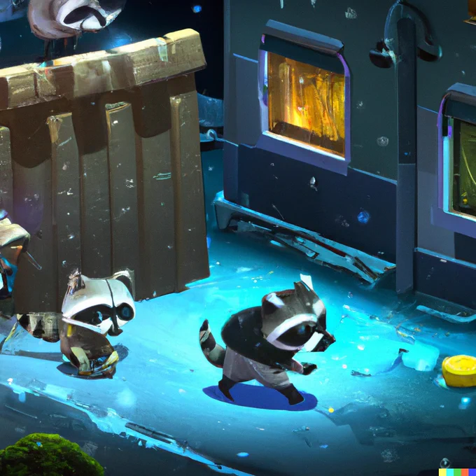A stylish image of a 3D computer game, with two raccoons sneaking down a street past a futuristic looking building, looking like they want to steal something

Prompt was: "Screenshot from a video game where a team of raccoons go on a heist"