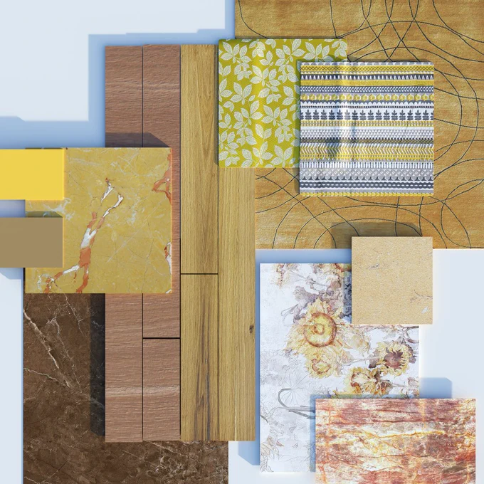 Sunflower

Inspired by a sunflower, the palette is a mix of yellow and brown with a vibrant bright energised aura. The theme gives a sunny bohemian setting with major c’est la vie vibes. The brush paint sunflower tile print alongside vintage wood gives a naturalised look. On the contrary, the bright yellow fabric with leaves print along with blue and yellow decorated print bound together by shades of brown, settles in harmony. The palette is best suited for kitchens for its energising and fresh look.
On material depot, find more than 2.5 lakh materials and textures to choose from. Sign up now.
materialdepot.in

#materialdepot #architecture #interiordesign #architecturedesign #inspiration #work #bestoftheday #motivation #materialpalette #archdaily #palette #indianarchitects #architecturaldesign #architectsofindia #archinspiration #indianarchitects #buildingmaterial #lifeofanarchitect #moodboards #materialpalette #materialboard #architectsofinstagram #designersofinstagram #designersogins