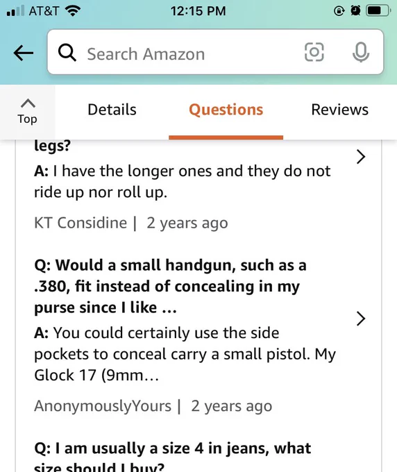 Screenshot of Amazon user Q asking whether a small handgun would fit in the yoga short pocket. Another Amazon user answering one hundred percent seriously that yes it would work for concealing a small pistol.