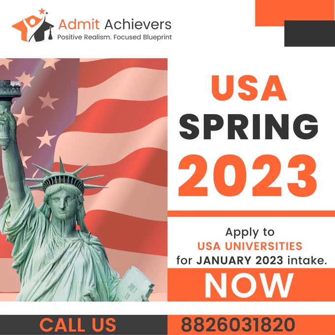 Spring Intake in USA for 2023 applications are open. Those who have missed the fall intake can apply for the Spring Intake. Reach us out for the list of universities in the US offering spring admissions.

Hurry, this is the last month to complete your research and finalize your Universities as the applications deadline are fast approaching

Get in touch with our experts today at info@admitachievers.com or  918826031820 to realize your study aspirations

#StudyInUSA #StudyInUSA2023 #StudyInUS #SpringIntake #SpringIntake2023 #SpringIntakeInUSA2023 #SpringIntakeInUSA2023Deadline #StudyInUSA #admitachievers #overseaseducation #studyabroad #overseaseducationconsultants #studyabroadconsultants