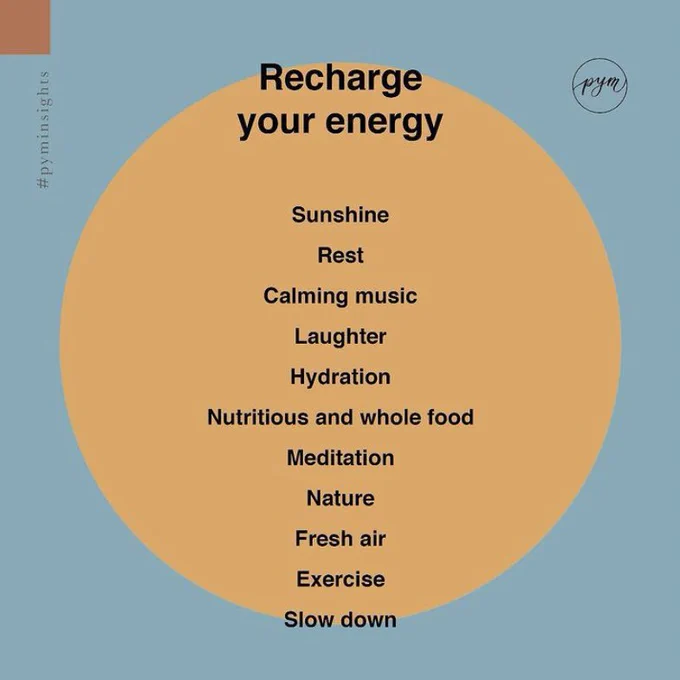 List of things that can recharge your energy:
Sunshine
Rest
Calming music
Laughter
Hydration
Nutritious and whole food
Meditation
Nature
Fresh air
Exercise
Slow down