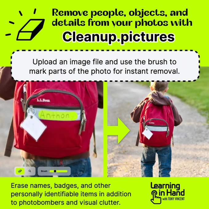 Remove people, objects, and details from your photos with Cleanup.Pictures. Photo of words on a backpack highlighted and then removed from the next photo.