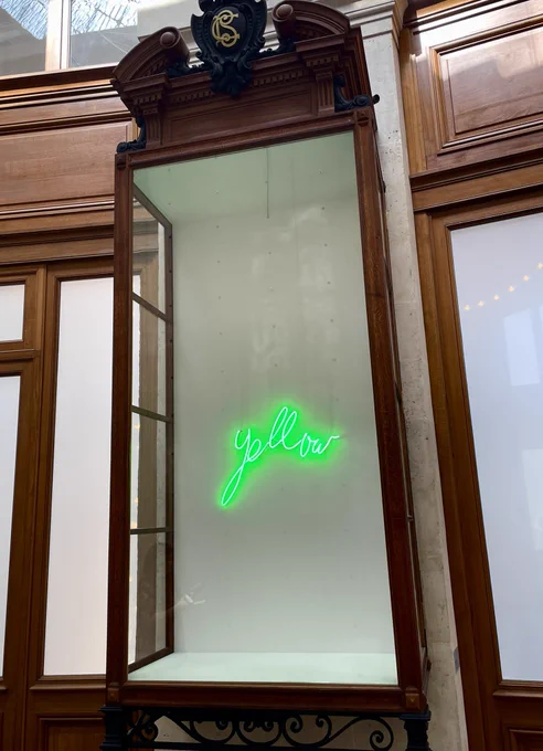 A green neon sign of the word “yellow” in a cabinet as a part of a contemporary art exhibition.
