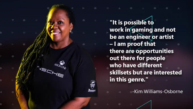 Kim Williams-Osborne with quoted text: "It's possible to work in gaming and not be an engineer or artist. I'm proof that there are opportunities out there for people who have different skillsets but are interested in this genre."