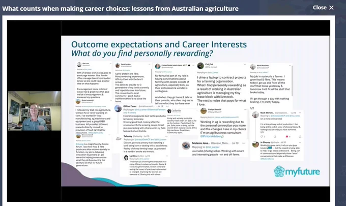 Image of slide with multiple tweets listed that describe what people find personally rewarding in their career in agriculture. DM @nic_career if you'd like a link to the tweet thread