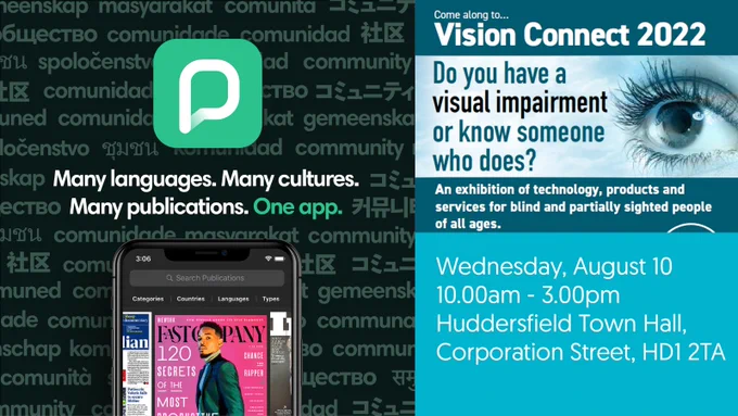 PressReader logo along with details of Vision Connect exhibition on Wednesday, August 10 at Huddersfield Town Hall