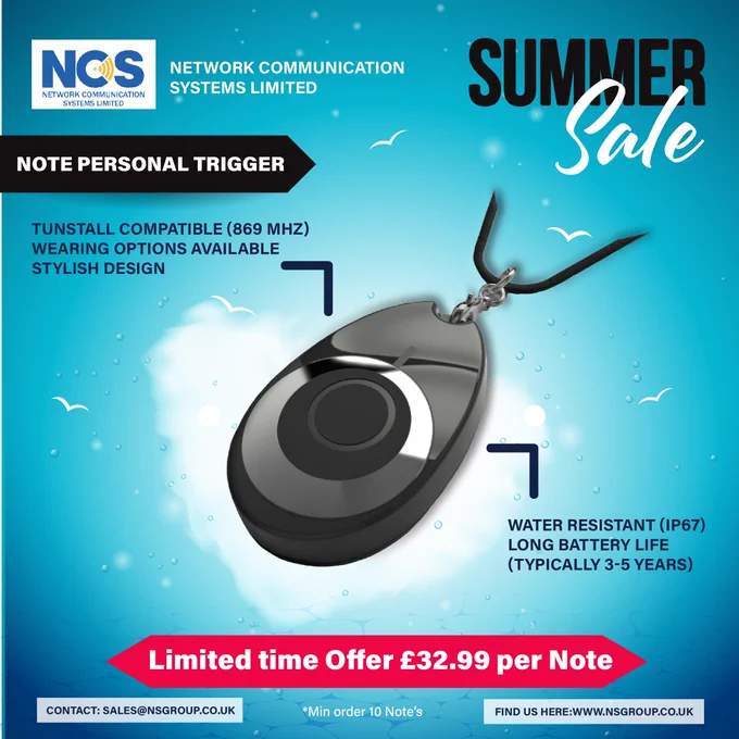 We are excited to add the new product "Note Personal Trigger" to our Portfolio.
 
Note Pendant Trigger is a stylish Tunstall© Compatible Personal Trigger

Disclaimer: Tunstall is a registered trademark of Tunstall Healthcare (UK) Ltd.
Our policy of continual development means that product specifications and appearance may change without notice. NCS does not accept any responsibility for any errors and Omissions.

For Queries and Orders please feel free to reach us at sales@nsgroup.co.uk or visit our website at www.nsgroup.co.uk